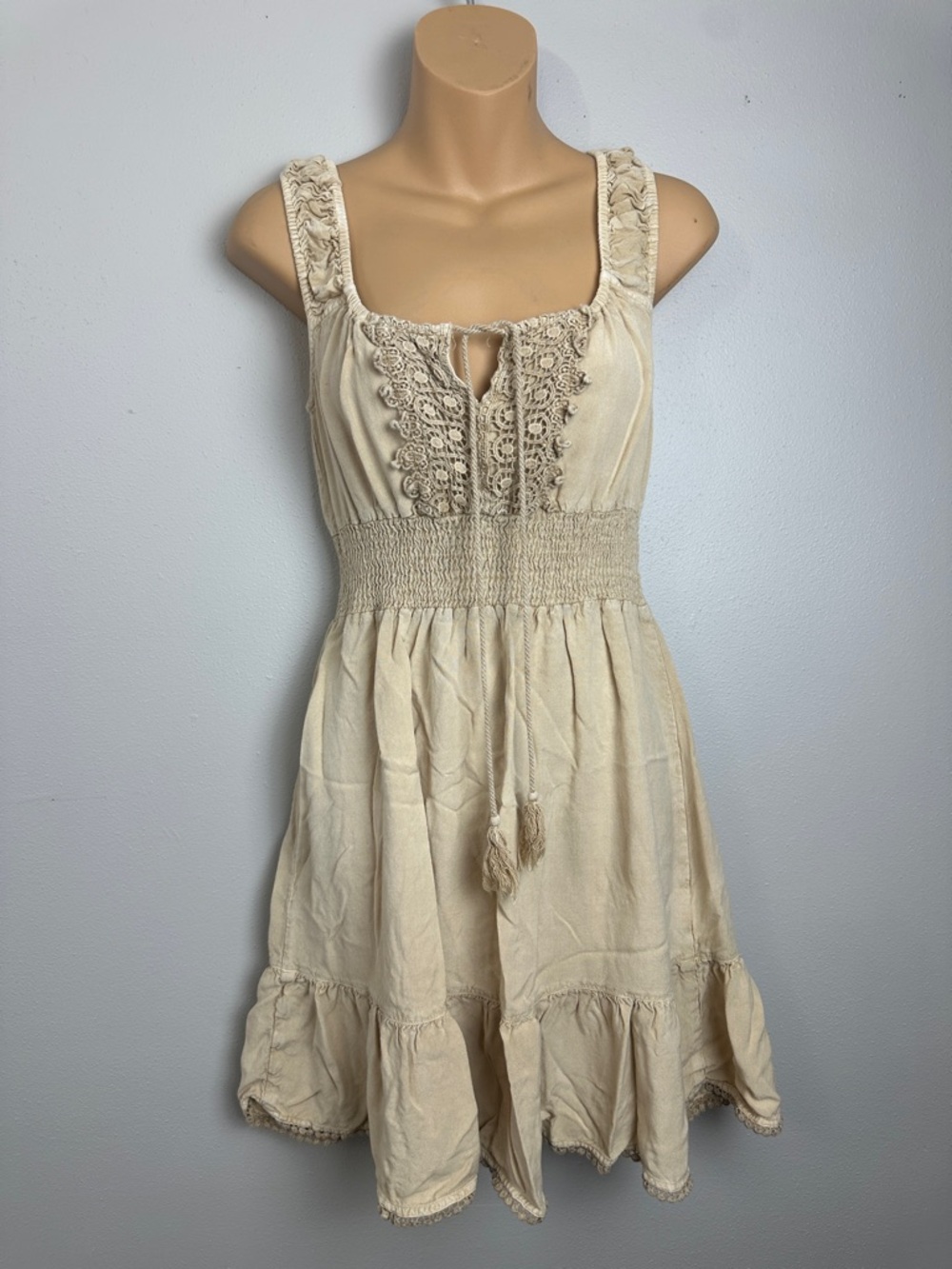 EARTHBOUND Boho Cream Crochet-Trim Smocked Mini Dress